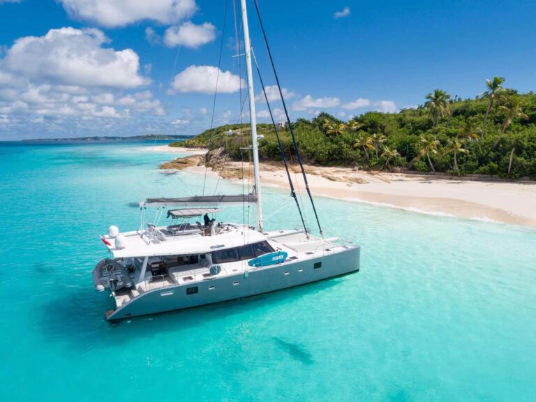 Catamaran sailing with drone view in the Caribbean